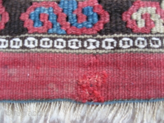 Manastir kilim.  Good colors, a few small crude repairs, hole at end. 3'9" x 2'2".  Dirty.
               