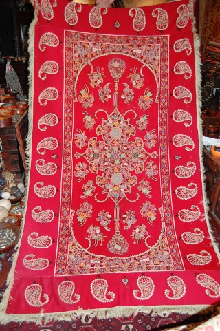 Beautiful 19th c century, Resht ? 240/140 cm, very good condition, embroided on red felt, condition very good, only few small holes, lovely piece.         