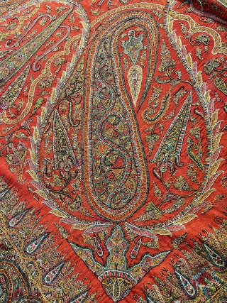 An exceptional Indian hand embroidered 19th century shawl, rare red center, very good condition, size is almost 2m/2m               