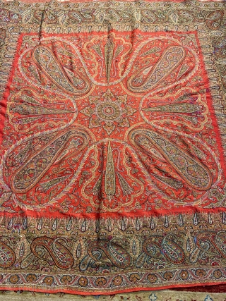 An exceptional Indian hand embroidered 19th century shawl, rare red center, very good condition, size is almost 2m/2m               