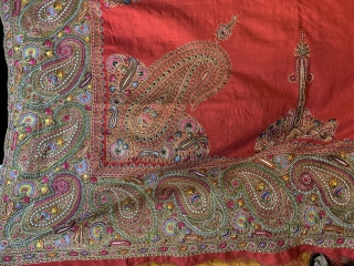 Exceptional Antique indian shawl embroidered rare red color                         