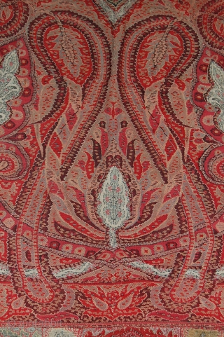 Beautiful 1850s indian pieced shawl in good condition, nice colours and fine embrdoiery, the shawl has been backed with black cotton.            