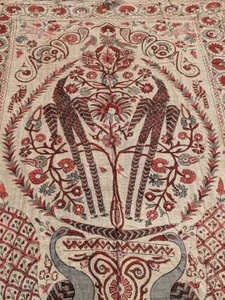 Old Indian textile Palampur early 20th century in beautiful condition, hand painted on cotton with tree of life               