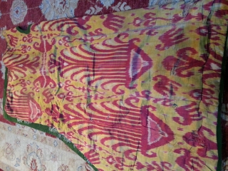 Beautiful 19th century antique uzbek horse cover doubled with very rare yellow ikat, the condition is normal for its age the velvet is damaged in some areas.      