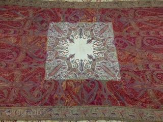 Exceptional Indian Kani shawl, hand embroidered in very good condition, nice colors and rare white center                 