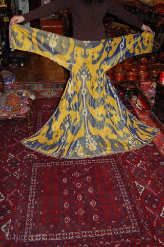 Beautiful 19th Century Uzbek Ikat chapan, great yellow colour.                        