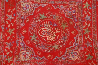 Beautiful 19th century Old ottoman textile, very fine embroidery on red felt, great condition, size is about 170/170 cm.              