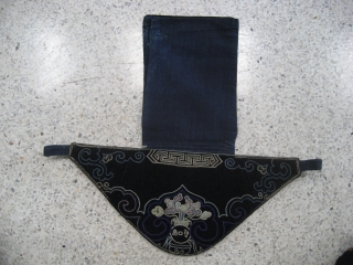 Mongolian official horseriders waist pouch.Silk and cotton embroidery on cotton, and cotton velvet, with indigo cotton linings.Est. late 19th century.             