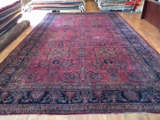 This is an antique Mohajiran Sarouk that is 11'-4" x 19'-7" (error margin 2"). The rug has some missing wool and a few of re-piled areas that are shown in the pictures.  ...