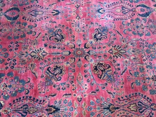 This is an antique Mohajiran Sarouk that is 11'-4" x 19'-7" (error margin 2"). The rug has some missing wool and a few of re-piled areas that are shown in the pictures.  ...