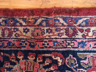 This is an antique Mohajiran Sarouk that is 11'-4" x 19'-7" (error margin 2"). The rug has some missing wool and a few of re-piled areas that are shown in the pictures.  ...