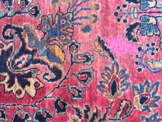 This is an antique Mohajiran Sarouk that is 11'-4" x 19'-7" (error margin 2"). The rug has some missing wool and a few of re-piled areas that are shown in the pictures.  ...