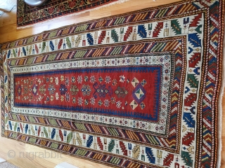 Older SE Caucasian long rug,very fine weave ,colors and drawing. 14 count em' 14 major and minor borders . Has some old repairs as expected ca 1880,intact and collectible , 
43"x93"
  