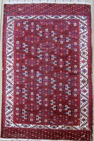 Yomud Main Carpet, 5'5" x 8'8", 2nd half 19th C.  This lovely old Kepse gul main carpet represents a wonderful example of Yomud tribal weaving. The piled elems are unusual, the  ...