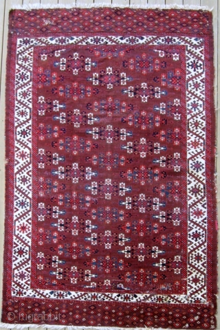 Yomud Main Carpet, 5'5" x 8'8", 2nd half 19th C.  This lovely old Kepse gul main carpet represents a wonderful example of Yomud tribal weaving. The piled elems are unusual, the  ...