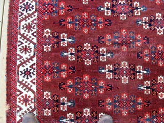 Yomud Main Carpet, 5'5" x 8'8", 2nd half 19th C.  This lovely old Kepse gul main carpet represents a wonderful example of Yomud tribal weaving. The piled elems are unusual, the  ...