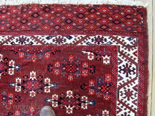 Yomud Main Carpet, 5'5" x 8'8", 2nd half 19th C.  This lovely old Kepse gul main carpet represents a wonderful example of Yomud tribal weaving. The piled elems are unusual, the  ...
