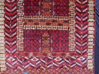 Tekke engsi, 3rd qtr. 19th C., 4' x 4'11".  This engsi is in almost full pile. The colors, all natural, are rich and nicely saturated. Wool is of the finest quality.  ...