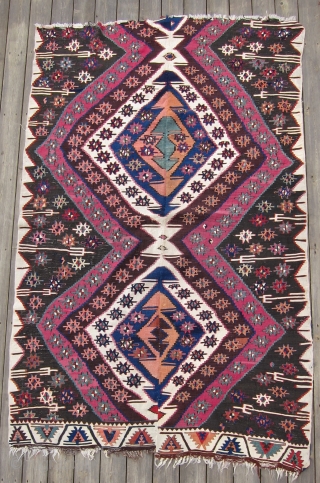 E. Anatolian kilim, 2nd half 19th C., 65" x 92"  This kilim has lost perhaps 1/3 of its length; however, deeply saturated richly colored dyes and excellent condition make up for  ...