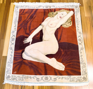 A ravishing blonde beauty woven in Kashan, Iran, in the 1970’s, 3’7” x 3’11”, 441 knots per sq. in., signed Nezam Afshari. An historical rug representing the embrace of Western culture ...