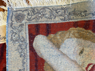 A ravishing blonde beauty woven in Kashan, Iran, in the 1970’s, 3’7” x 3’11”, 441 knots per sq. in., signed Nezam Afshari. An historical rug representing the embrace of Western culture ...