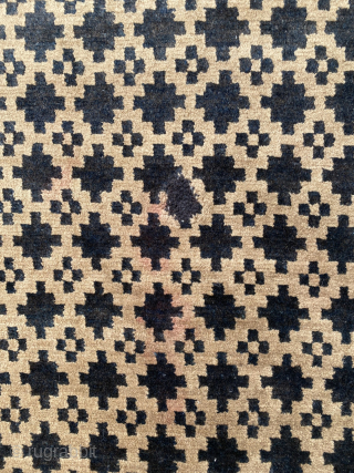 Tibetan sitting rug, circa 1900, 3' x 5'3", camel field with brown stepped diamonds. Excellent condition except for an unobtrusive 3"x3" "in country" repair.  Pile is soft and thick and perfect  ...