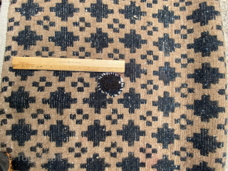 Tibetan sitting rug, circa 1900, 3' x 5'3", camel field with brown stepped diamonds. Excellent condition except for an unobtrusive 3"x3" "in country" repair.  Pile is soft and thick and perfect  ...