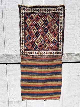  	Shahsavan of Moghan, 1/2 khordjin, 2nd 1/2 19th C., face 17" x 19", 17" x 39" open, a rare piled example that includes the striped back. Almost full pile, 3-4 very  ...
