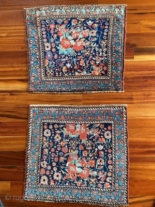 S.W. Persian Khamseh bagfaces, Circa 1880.  Hard to photograph these remarkable Gul Ferang design bagfaces.  The wool is just too shiny.  In addition to the lustrous quality of the  ...