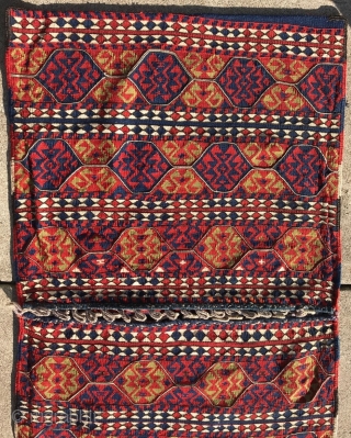 A brocaded Anatolian heybe/saddlebags 4'2" x 2'4", circa 1900.  Mint condition. Organic dyes.  Probably woven as a part of a girl's dowry. Sourced by Marla Mallett. A great pair of  ...