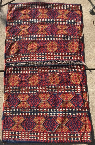 A brocaded Anatolian heybe/saddlebags 4'2" x 2'4", circa 1900.  Mint condition. Organic dyes.  Probably woven as a part of a girl's dowry. Sourced by Marla Mallett. A great pair of  ...