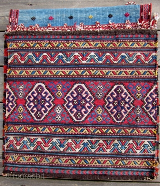 Ex-J.Wertime, Shahsavan Qarabagh region 19th C. khordjin, 50” x 21”;  near perfect condition, woven without outer guard borders in the sumak technique.  Lovely light blue bridge with a diagonal diamond  ...