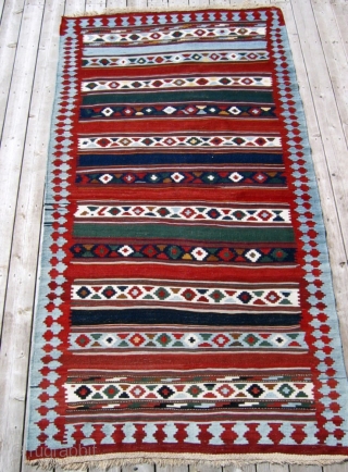 Antique Shahsavan kilim 4'9" x 9'4"  Excellent condition (small bites in 3 corners). Light blue and ivory are worked in cotton. Additional photos available.        