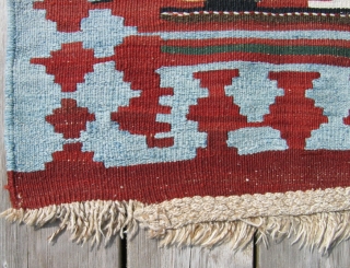 Antique Shahsavan kilim 4'9" x 9'4"  Excellent condition (small bites in 3 corners). Light blue and ivory are worked in cotton. Additional photos available.        