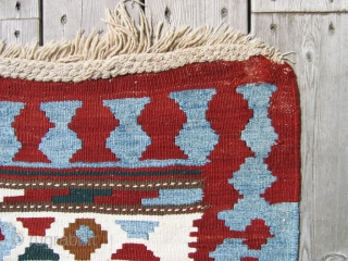 Antique Shahsavan kilim 4'9" x 9'4"  Excellent condition (small bites in 3 corners). Light blue and ivory are worked in cotton. Additional photos available.        