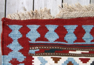 Antique Shahsavan kilim 4'9" x 9'4"  Excellent condition (small bites in 3 corners). Light blue and ivory are worked in cotton. Additional photos available.        