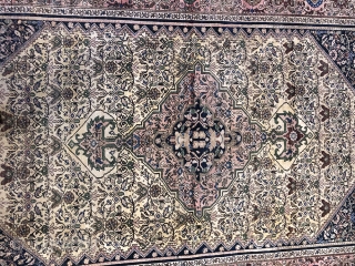 Antique Ferahan Sarouk, low even flat pile from top to bottom. shows wear. measures 4'-4" x 6'                