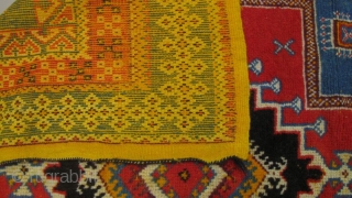 Moroccan (?) rug, 4.9 x 8.4, first quarter 20th c. It has full pile with very slight even wear. The knot is symmetrical on yellow-dyed wool warps with 2-4 shoots of yellow-dyed  ...