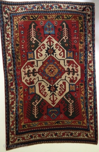 Antique unusual Kazak around 1880
Size:150 x 102 cm 
perfect restored condition(ends rewoven)-oiginal pile.
very rare size- excellent colours!                