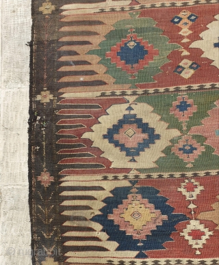 Fascinating KHALAJ kilim 
Aged 150 - 160 years old (circa 1860)
Almost in good  condition,fringes are a bit damaged
Have three holes(as small as a coin)
Needs simple wash with water
Measurements  290*172 cm  ...