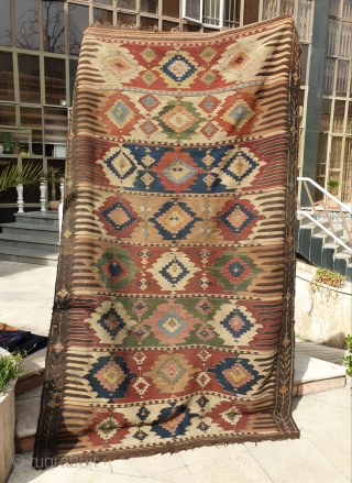 Fascinating KHALAJ kilim 
Aged 150 - 160 years old (circa 1860)
Almost in good  condition,fringes are a bit damaged
Have three holes(as small as a coin)
Needs simple wash with water
Measurements  290*172 cm  ...