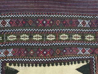 Fascinating  baluch sofreh with  hypnotic cross medallion, patterns are needlework,endings are perfectly oriented
Corners are goat hair, collectors choice
Circa 1950 
135 * 135 cm        