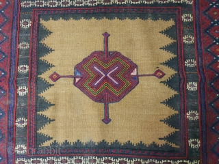 Baluch sofreh with hypnotic x mark medallion , endings are mended ,
Circa 1950,150 * 145 cm 
                