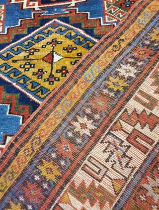Magnificent caucasus rug designated with 6 amazing central medallions,patterns are crisply drawn,dramatic use of color is fascinating
Wool foundation ,circa 1910-20 
Dimensions 235 * 136 
Dm for price      