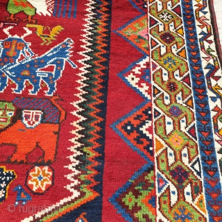 SHEKARLOU GABBEH

An appealing Shekarlou gabbeh with mythological creatures in pattern
distinctive features of this noticable gabbeh are borders and composition, where animals are gathered in center and borders plays ornamating role
Dimension 245 *  ...
