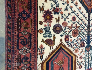 Magnificent Neiriz rug which has similarities with Afshar piled weavings.
There's an enchanting greenish blue colour in central medallion which is home to numbers of birds ( peacocks ) 
Ivory colour on field  ...