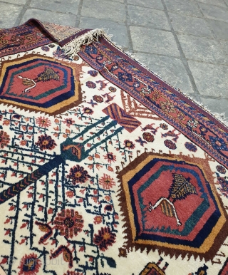 Magnificent Neiriz rug which has similarities with Afshar piled weavings.
There's an enchanting greenish blue colour in central medallion which is home to numbers of birds ( peacocks ) 
Ivory colour on field  ...