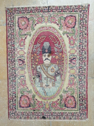 Illustrious kerman rug depicting NASER EL-DIN SHAH king of qajar, state of preservation is almost good except minor area that piles are a bit shorter 
Size 82 * 58 cm 
  