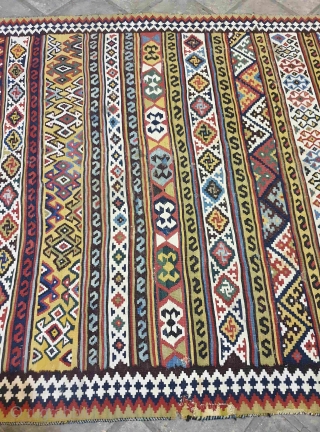 Qashqai kilim

Exemplary Qashqai kilim with lively sharp colors. golden yellows , light blues & grass greens gives a genuine soul into the kilim.Whites are made of cotton.
 the design is composed of  ...