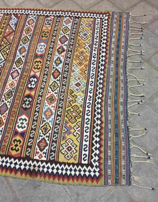 Qashqai kilim

Exemplary Qashqai kilim with lively sharp colors. golden yellows , light blues & grass greens gives a genuine soul into the kilim.Whites are made of cotton.
 the design is composed of  ...